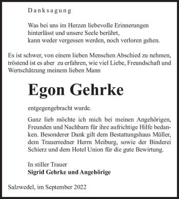 Traueranzeige von Egon Gehrke  von Magdeburger Volksstimme