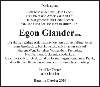 Traueranzeige von Egon Glander sen.  von Magdeburger Volksstimme