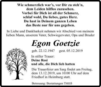 Traueranzeige von Egon Goetzie  von Magdeburger Volksstimme