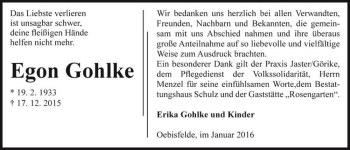 Traueranzeige von Egon Gohlke  von Magdeburger Volksstimme
