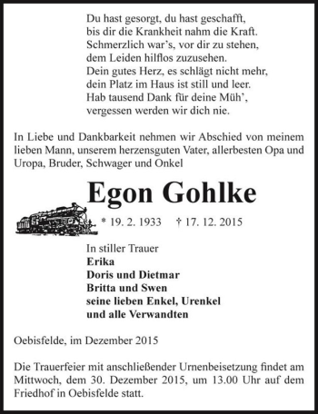 Traueranzeige von Egon Gohlke  von Magdeburger Volksstimme