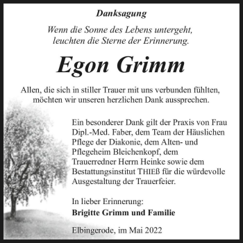 Traueranzeige von Egon Grimm  von Magdeburger Volksstimme