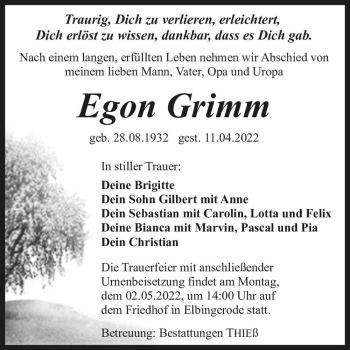Traueranzeige von Egon Grimm  von Magdeburger Volksstimme
