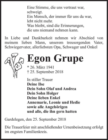 Traueranzeige von Egon Grupe  von Magdeburger Volksstimme