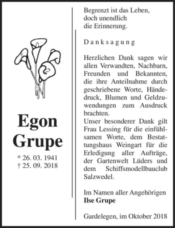 Traueranzeige von Egon Grupe  von Magdeburger Volksstimme