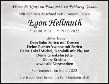 Traueranzeige von Egon Hellmuth  von Magdeburger Volksstimme