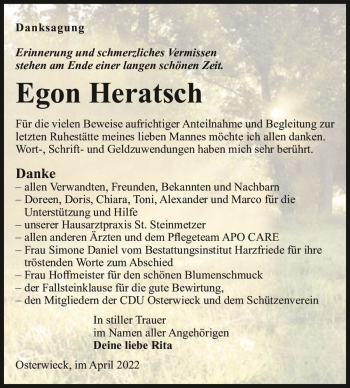 Traueranzeige von Egon Heratsch  von Magdeburger Volksstimme