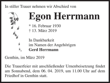 Traueranzeige von Egon Herrmann  von Magdeburger Volksstimme