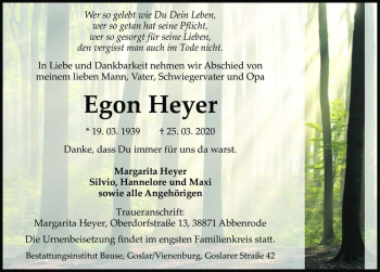 Traueranzeige von Egon Heyer  von Magdeburger Volksstimme