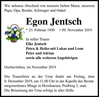 Traueranzeige von Egon Jentsch  von Magdeburger Volksstimme