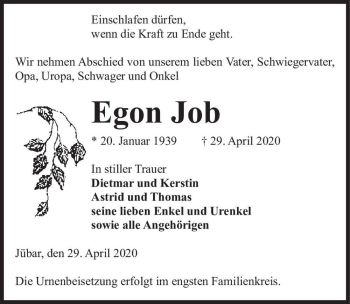 Traueranzeige von Egon Job  von Magdeburger Volksstimme