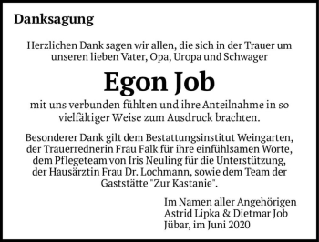 Traueranzeige von Egon Job  von Magdeburger Volksstimme