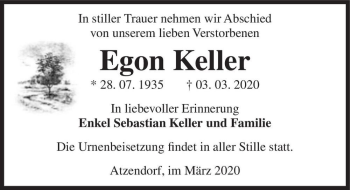 Traueranzeige von Egon Keller  von Magdeburger Volksstimme