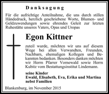 Traueranzeige von Egon Kittner  von Magdeburger Volksstimme