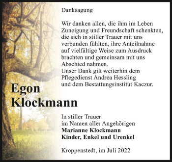 Traueranzeige von Egon Klockmann  von Magdeburger Volksstimme