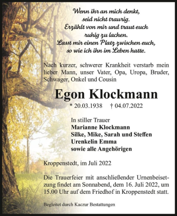 Traueranzeige von Egon Klockmann  von Magdeburger Volksstimme