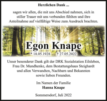 Traueranzeige von Egon Knape  von Magdeburger Volksstimme