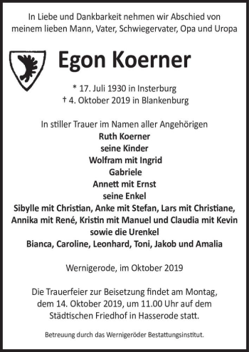 Traueranzeige von Egon Koerner  von Magdeburger Volksstimme