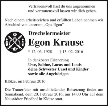 Traueranzeige von Egon Krause  von Magdeburger Volksstimme