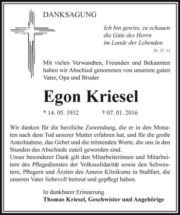 Traueranzeige von Egon Kriesel  von Magdeburger Volksstimme