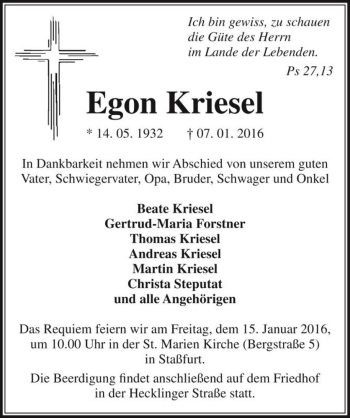 Traueranzeige von Egon Kriesel  von Magdeburger Volksstimme