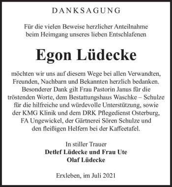 Traueranzeige von Egon Lüdecke  von Magdeburger Volksstimme