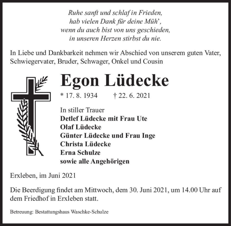  Traueranzeige für Egon Lüdecke  vom 25.06.2021 aus Magdeburger Volksstimme