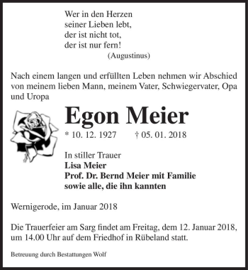 Traueranzeige von Egon Meier  von Magdeburger Volksstimme