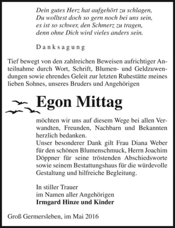 Traueranzeige von Egon Mittag  von Magdeburger Volksstimme