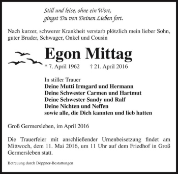Traueranzeige von Egon Mittag  von Magdeburger Volksstimme