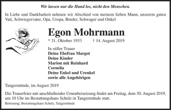 Traueranzeige von Egon Mohrmann  von Magdeburger Volksstimme