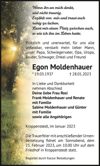 Traueranzeige von Egon Moldenhauer  von Magdeburger Volksstimme
