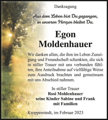 Traueranzeige von Egon Moldenhauer  von Magdeburger Volksstimme
