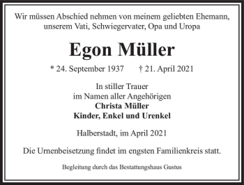 Traueranzeige von Egon Müller  von Magdeburger Volksstimme