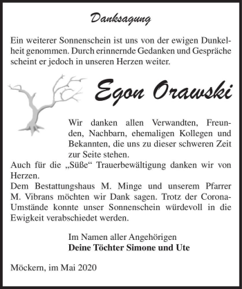 Traueranzeige von Egon Orawski  von Magdeburger Volksstimme