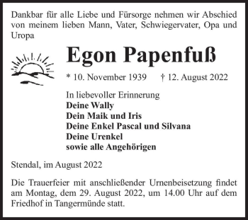 Traueranzeige von Egon Papenfuß  von Magdeburger Volksstimme