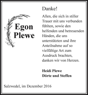 Traueranzeige von Egon Plewe  von Magdeburger Volksstimme