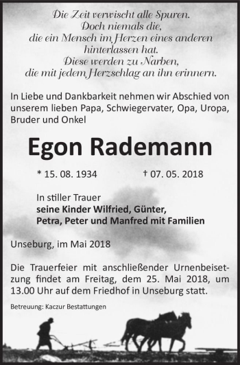 Traueranzeige von Egon Rademann  von Magdeburger Volksstimme