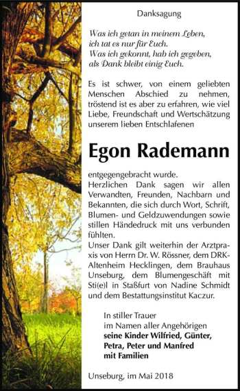 Traueranzeige von Egon Rademann  von Magdeburger Volksstimme