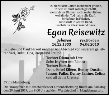 Traueranzeige von Egon Reisewitz  von Magdeburger Volksstimme