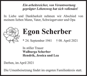 Traueranzeige von Egon Scherber  von Magdeburger Volksstimme