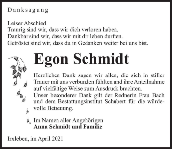 Traueranzeige von Egon Schmidt  von Magdeburger Volksstimme