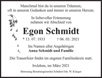 Traueranzeige von Egon Schmidt  von Magdeburger Volksstimme