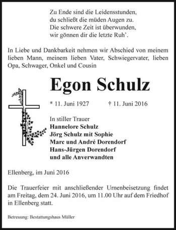 Traueranzeige von Egon Schulz  von Magdeburger Volksstimme