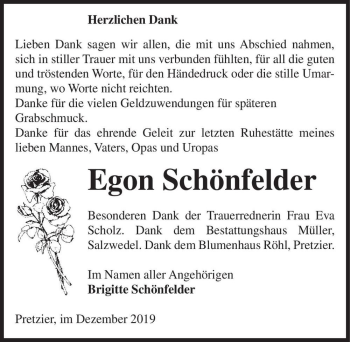 Traueranzeige von Egon Schönfelder  von Magdeburger Volksstimme