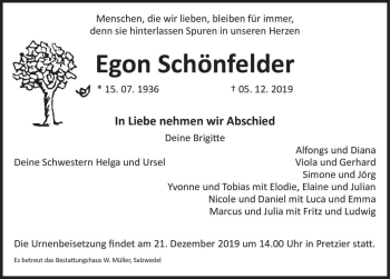 Traueranzeige von Egon Schönfelder  von Magdeburger Volksstimme