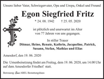 Traueranzeige von Egon Siegfried Fritz  von Magdeburger Volksstimme