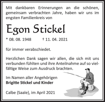 Traueranzeige von Egon Stickel  von Magdeburger Volksstimme