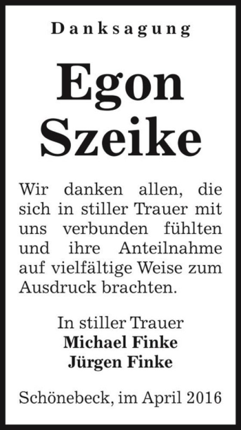 Traueranzeige von Egon Szeike  von Magdeburger Volksstimme