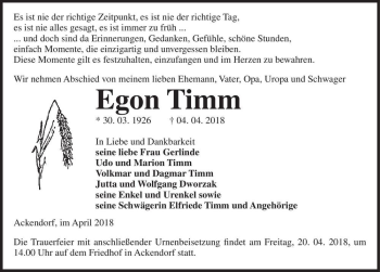 Traueranzeige von Egon Timm  von Magdeburger Volksstimme